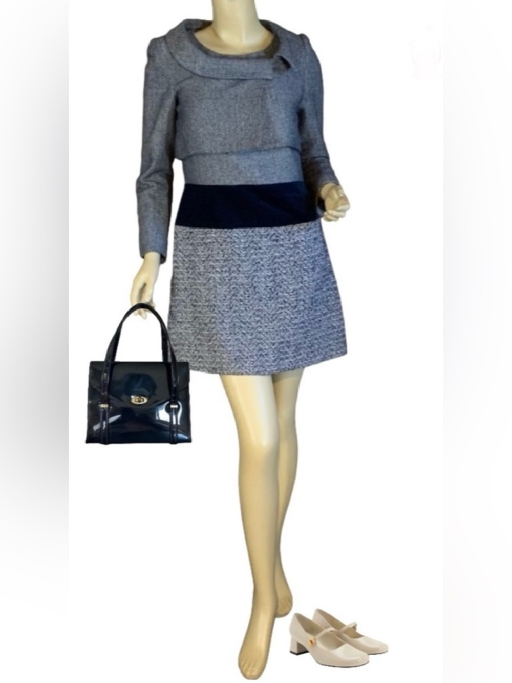NAVY BLUE WOOL & SILK BLEND W/VELVET  TWEED DRESS & BOLERO SUIT SET (36/4)